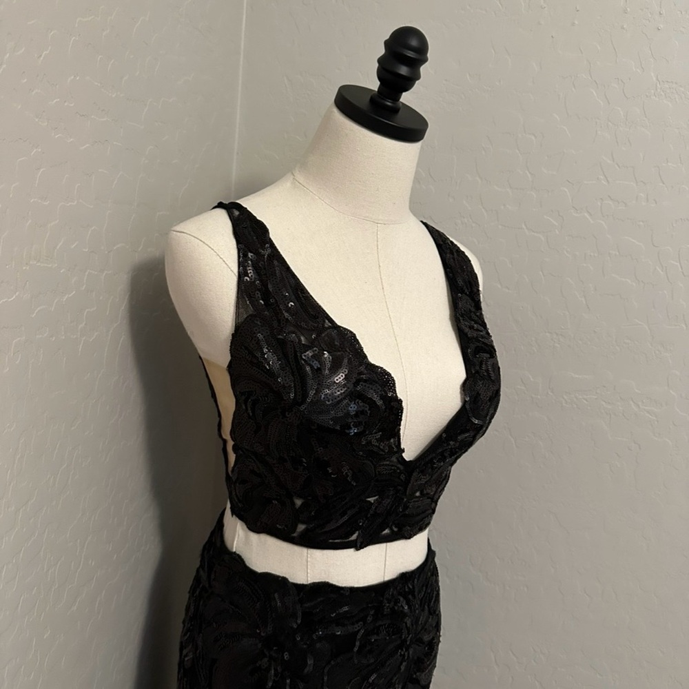 NEW JOVANI SZ 6 BLACK TWO PIECE ILLUSION SEQUIN TULLE FORMAL EVENING GOWN - Picture 6 of 14